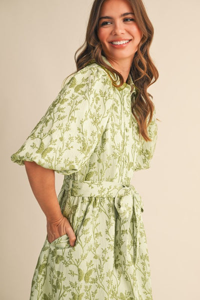 Jacquard Bubble Sleeve Midi Dress Sage Green - Southern Fashion