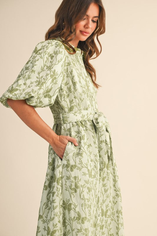 Jacquard Bubble Sleeve Midi Dress Sage Green - Southern Fashion