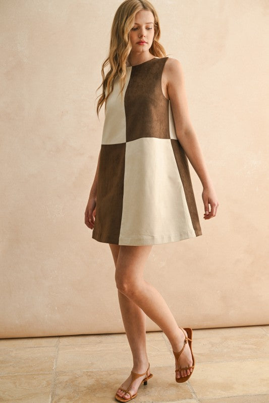 Suede Shift Dress Brown Ecru