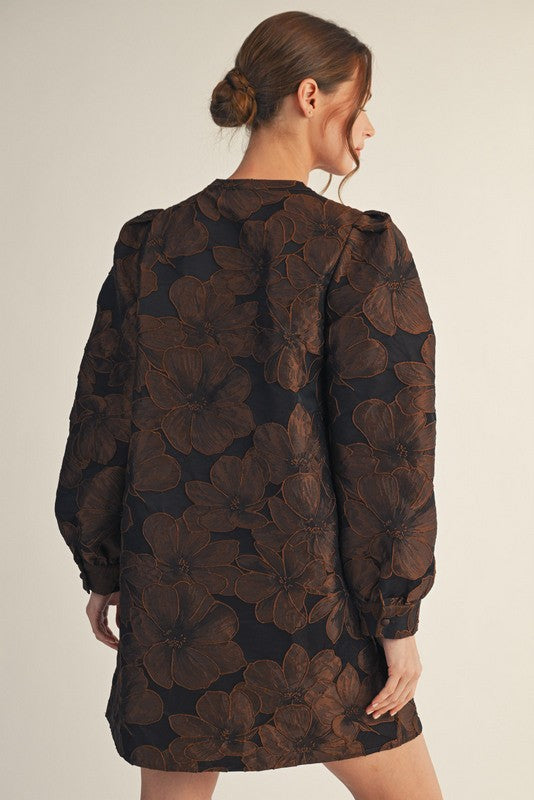 Puff Shoulder Floral Jacquard Dress Brown