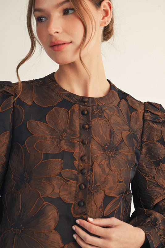 Puff Shoulder Floral Jacquard Dress Brown