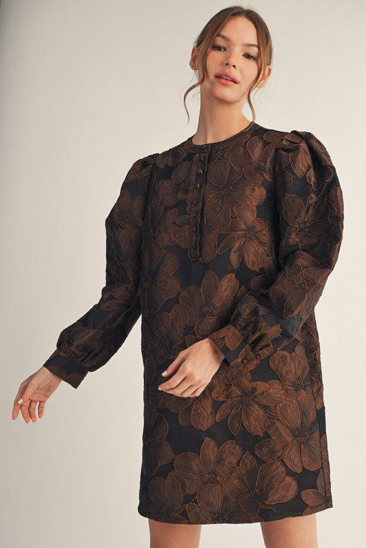 Puff Shoulder Floral Jacquard Dress Brown