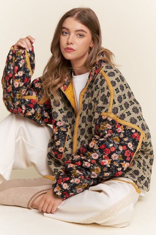 Rose Pattern Pink Taped Padded Jacket Marigold