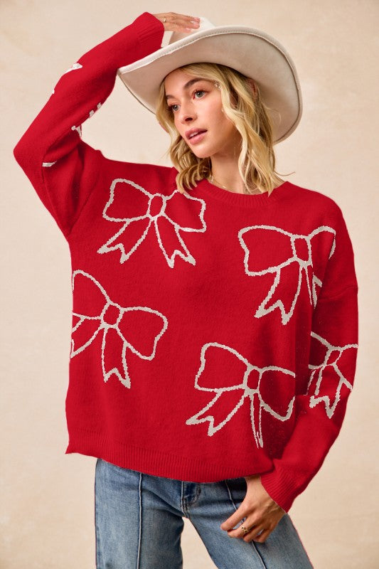 Ribbon Artwork Cozy Sweater Top Red