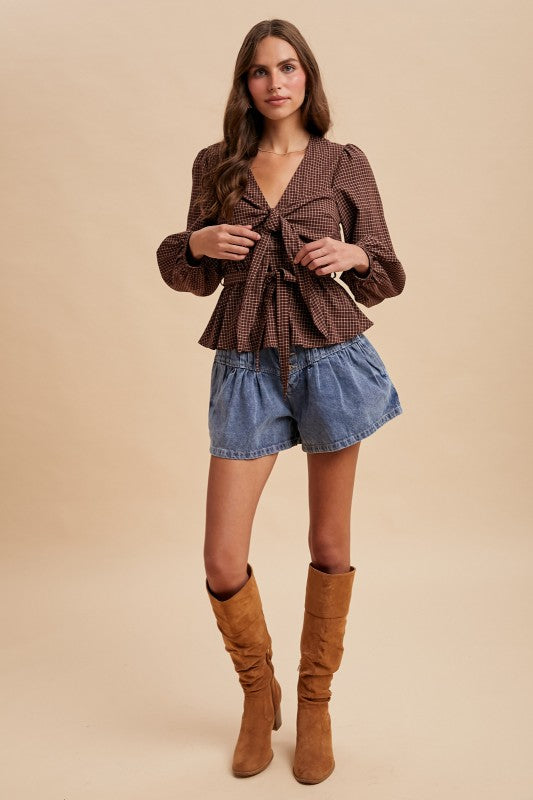 Belted Tie Detail Peplum Blouse Top Brown