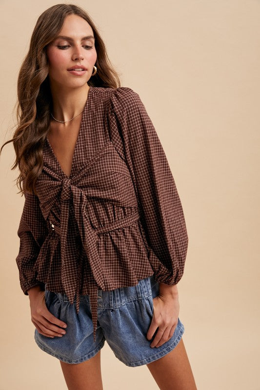 Belted Tie Detail Peplum Blouse Top Brown