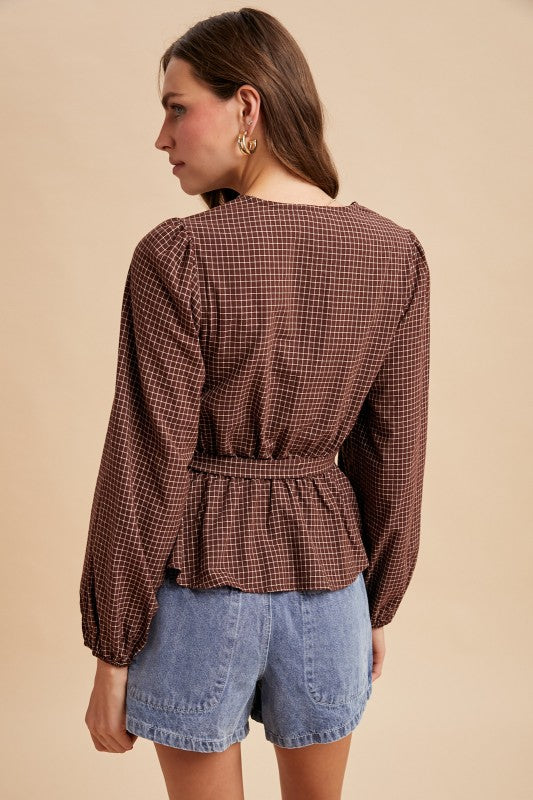 Belted Tie Detail Peplum Blouse Top Brown