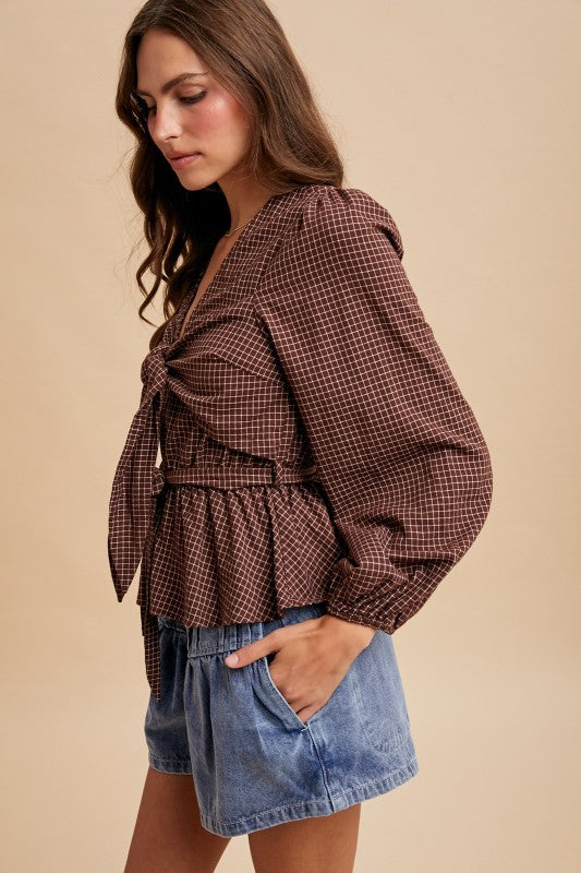 Belted Tie Detail Peplum Blouse Top Brown