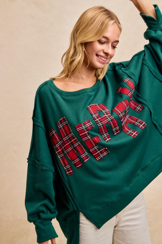 Christmas Plaid Merry Lettering Fleece Top Green