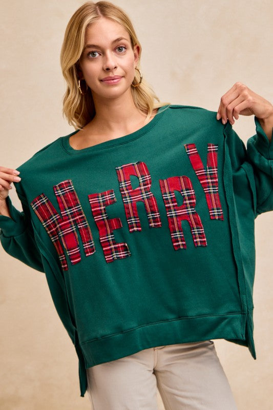 Christmas Plaid Merry Lettering Fleece Top Green