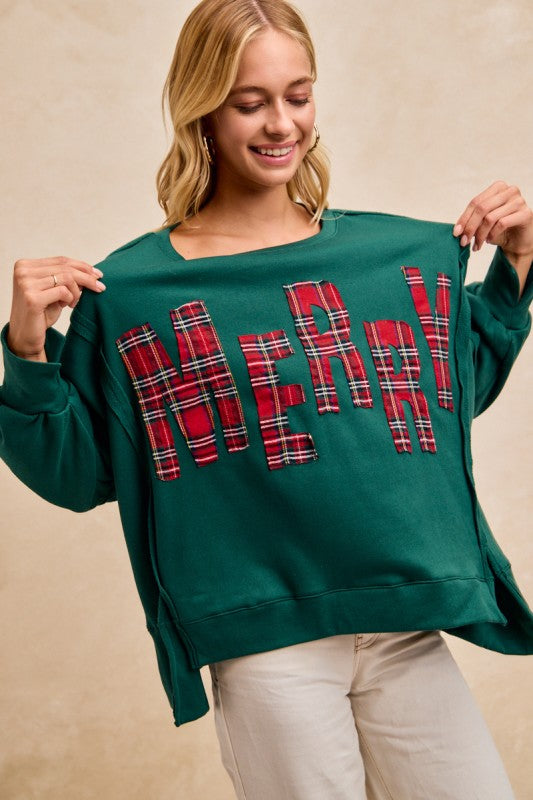 Christmas Plaid Merry Lettering Fleece Top Green