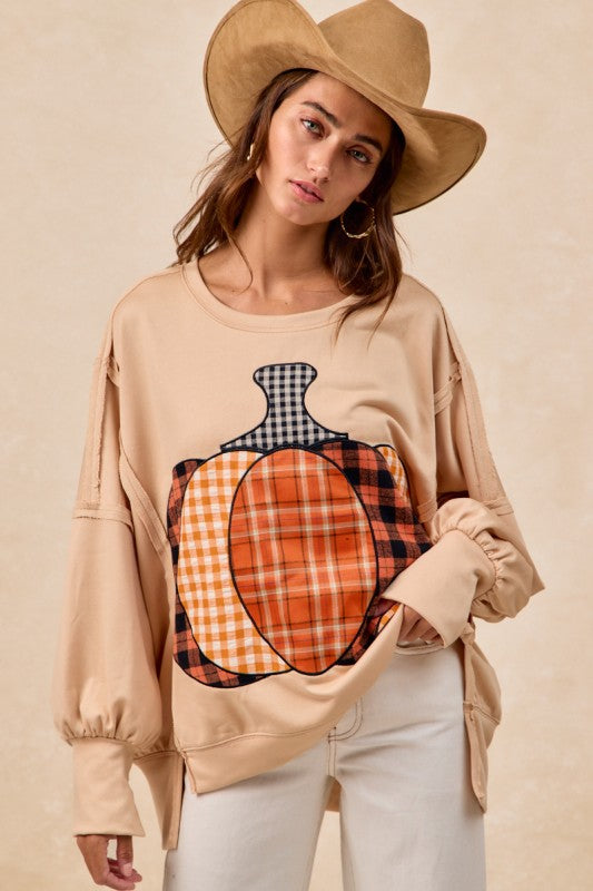 Plaid Pumpkin Patchwork Sweatshirt Top Oatmeal