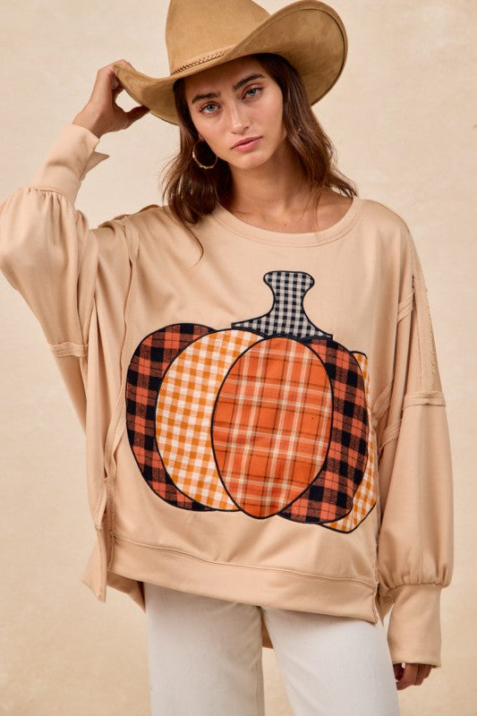 Plaid Pumpkin Patchwork Sweatshirt Top Oatmeal