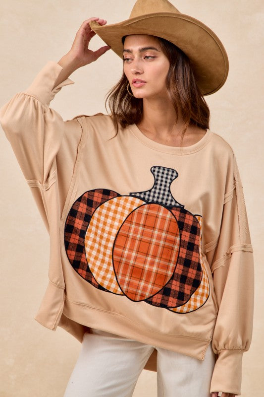 Plaid Pumpkin Patchwork Sweatshirt Top Oatmeal