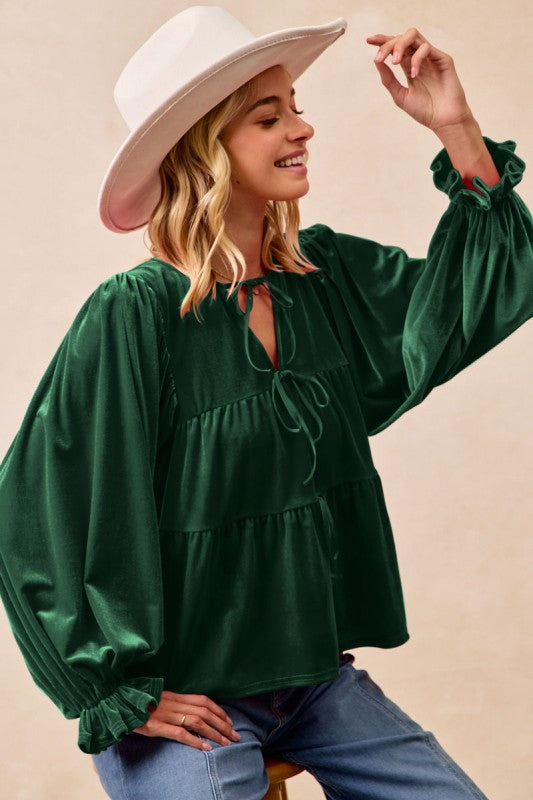 Christmas Theme Velvet Bow Tied Top Green