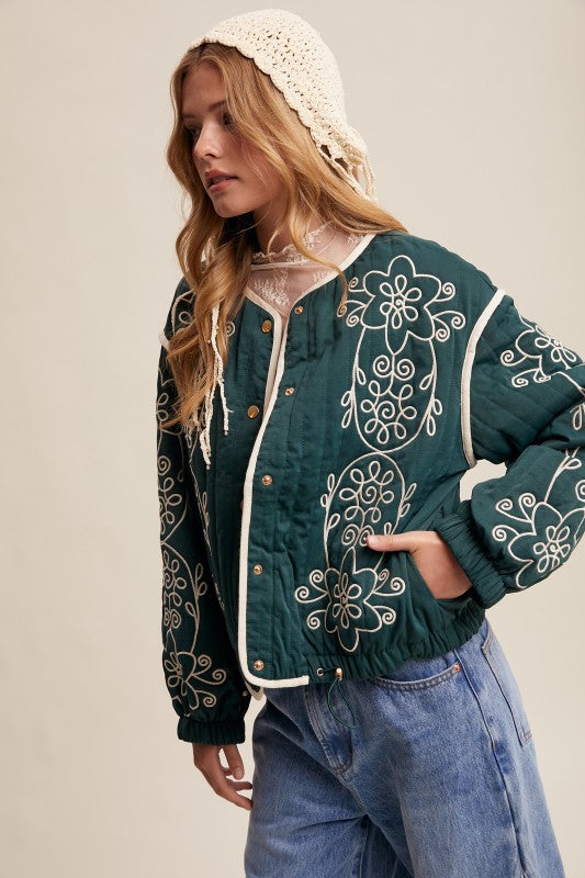 Embroidered Quilted Western Jacket Deep Green