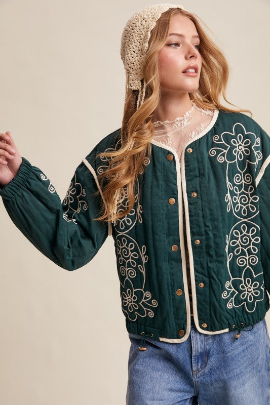 Embroidered Quilted Western Jacket Deep Green