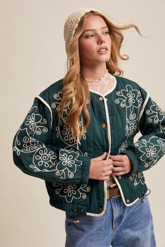 Embroidered Quilted Western Jacket Deep Green