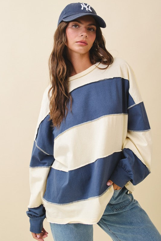 Contrast Panel Slouchy Pullover Pineapple Navy