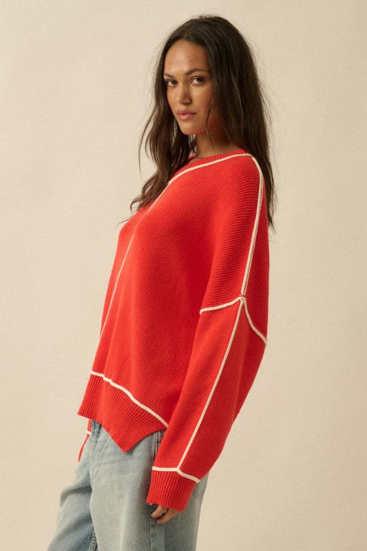 Exposed Seam Oversize Sweater Red