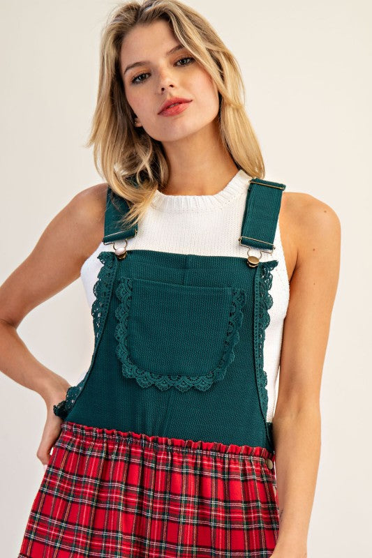 Plaid Contrast Wide Leg Jumpsuit Green Red