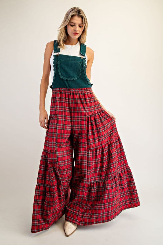 Plaid Contrast Wide Leg Jumpsuit Green Red