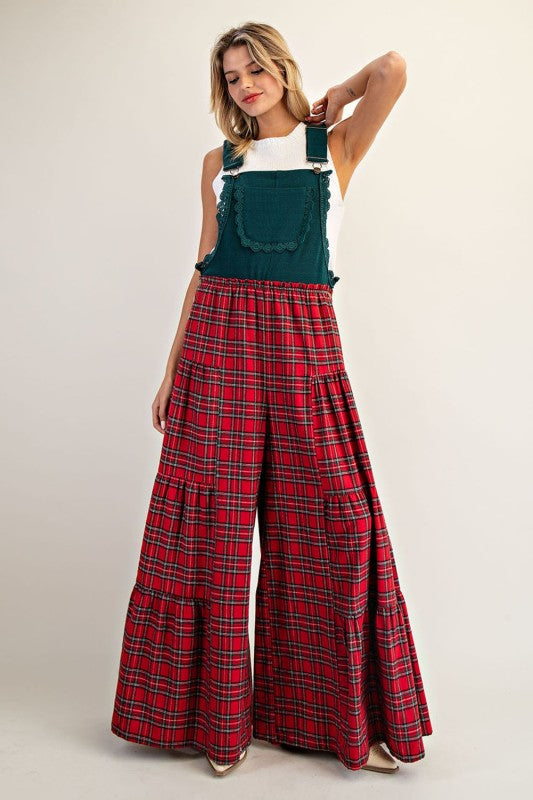 Plaid Contrast Wide Leg Jumpsuit Green Red