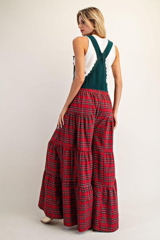 Plaid Contrast Wide Leg Jumpsuit Green Red