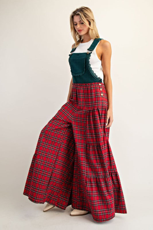 Plaid Contrast Wide Leg Jumpsuit Green Red
