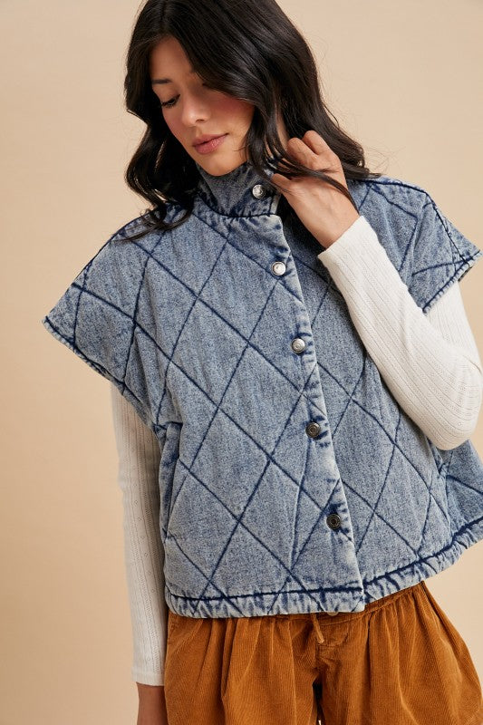 Denim Quilted Liner Button Down Vest Medium