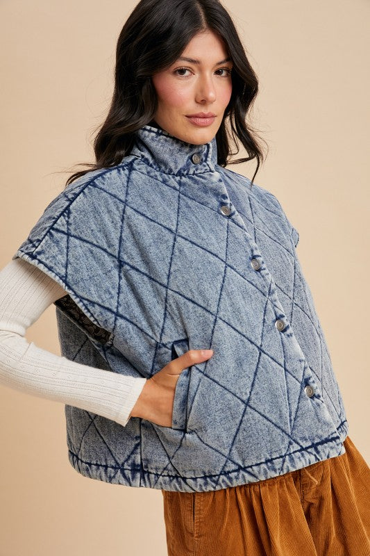 Denim Quilted Liner Button Down Vest Medium