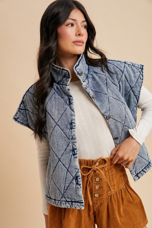 Denim Quilted Liner Button Down Vest Medium