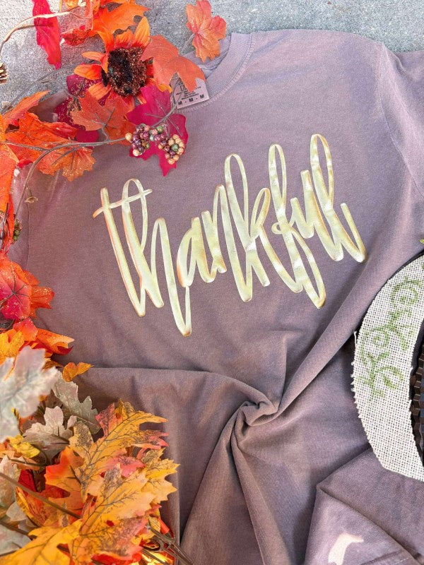 Cursive Thankful Puff Graphic Tee Expresso