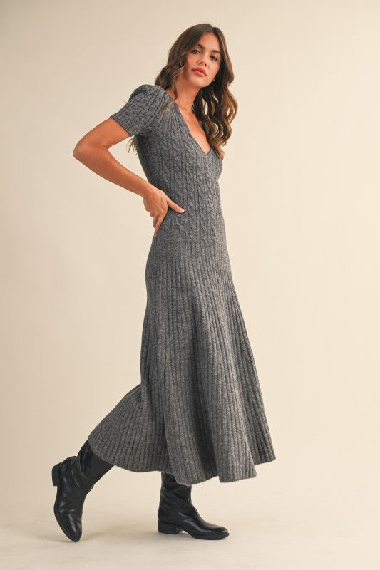 Low Scoop Neckline Cable Knit Dress Charcoal