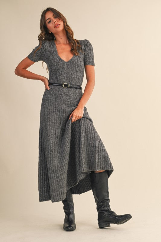 Low Scoop Neckline Cable Knit Dress Charcoal