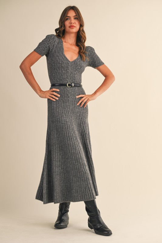 Low Scoop Neckline Cable Knit Dress Charcoal