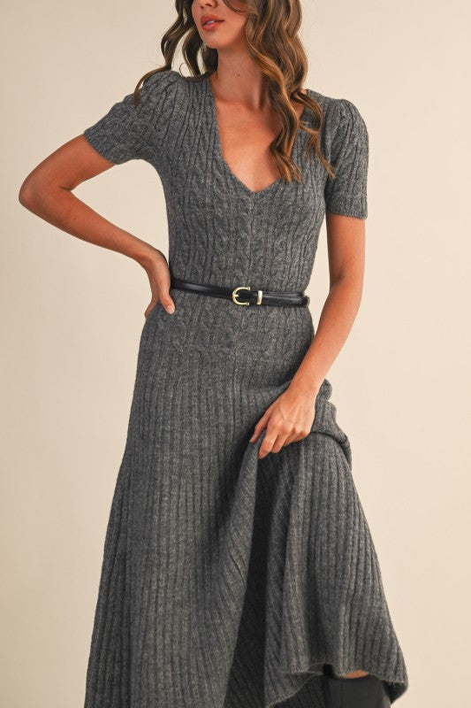 Low Scoop Neckline Cable Knit Dress Charcoal