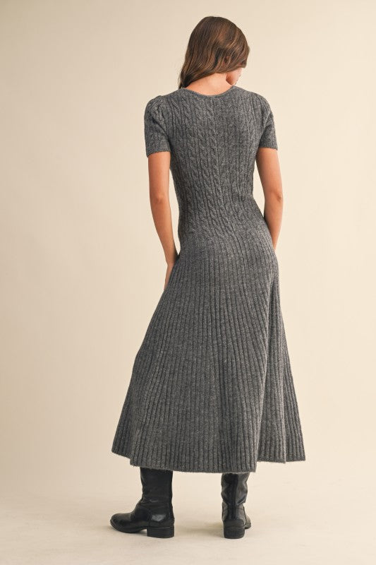 Low Scoop Neckline Cable Knit Dress Charcoal