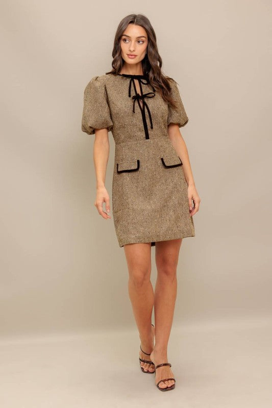 Tweed Woven Mini Neck Dress with Bow Sienna