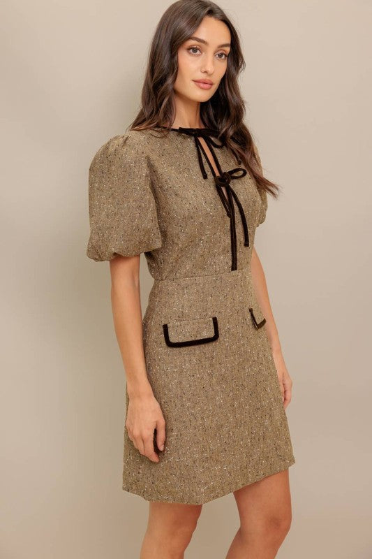 Tweed Woven Mini Neck Dress with Bow Sienna