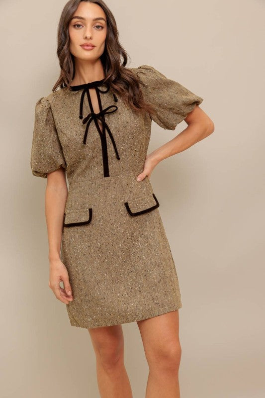 Tweed Woven Mini Neck Dress with Bow Sienna