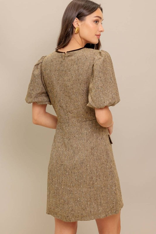 Tweed Woven Mini Neck Dress with Bow Sienna