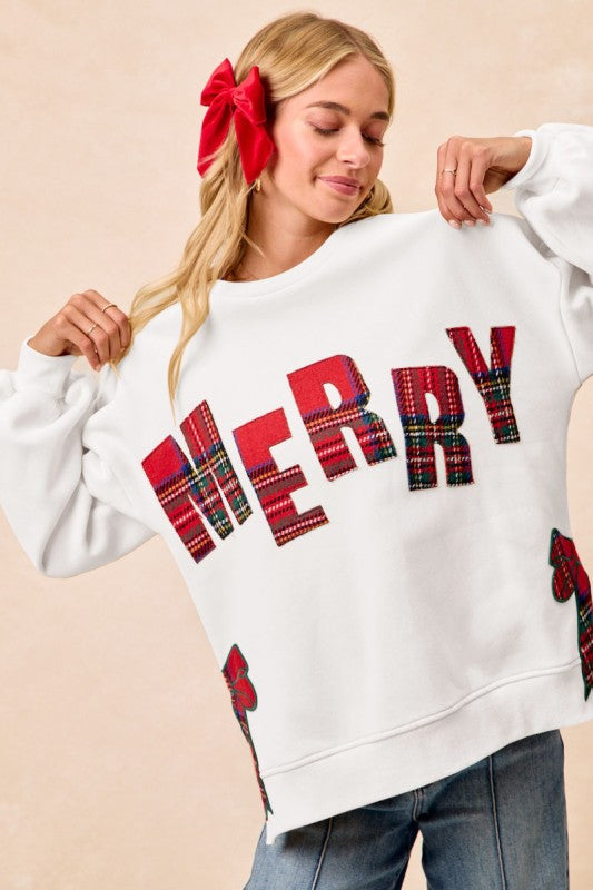 Christmas Plaid Merry Side Bow Top White