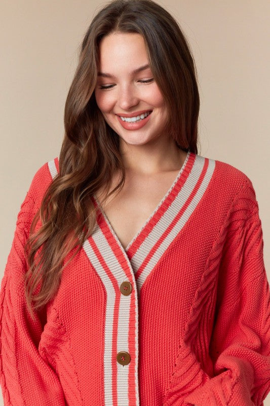 V-Neck Striped Sweater Cardigan Coral Red