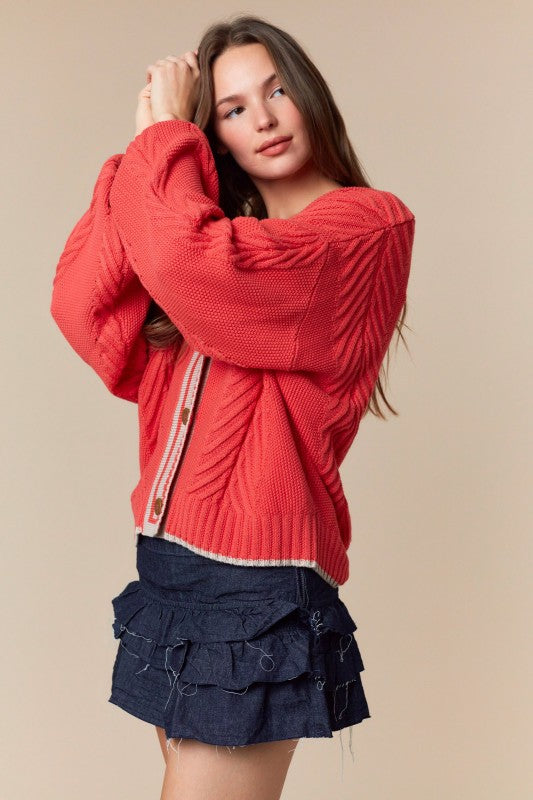V-Neck Striped Sweater Cardigan Coral Red