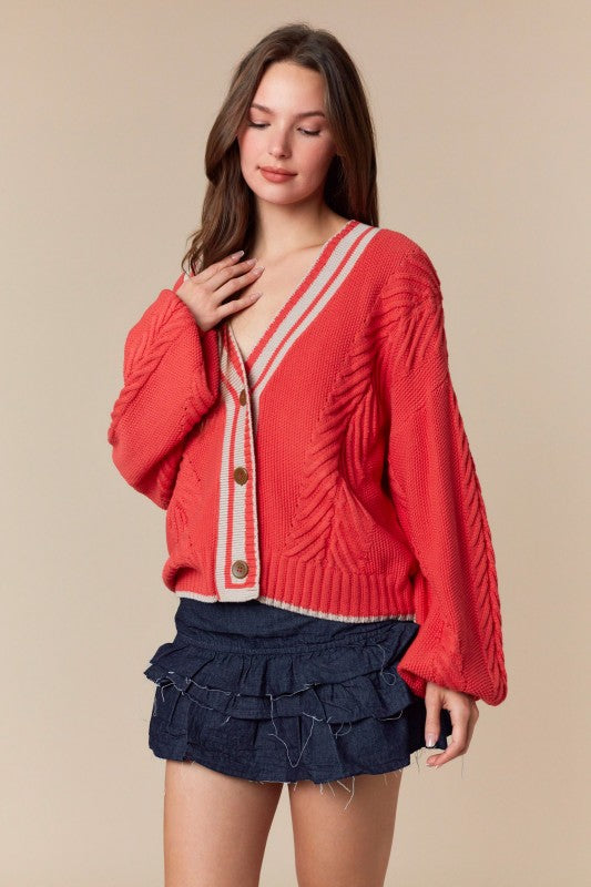 V-Neck Striped Sweater Cardigan Coral Red