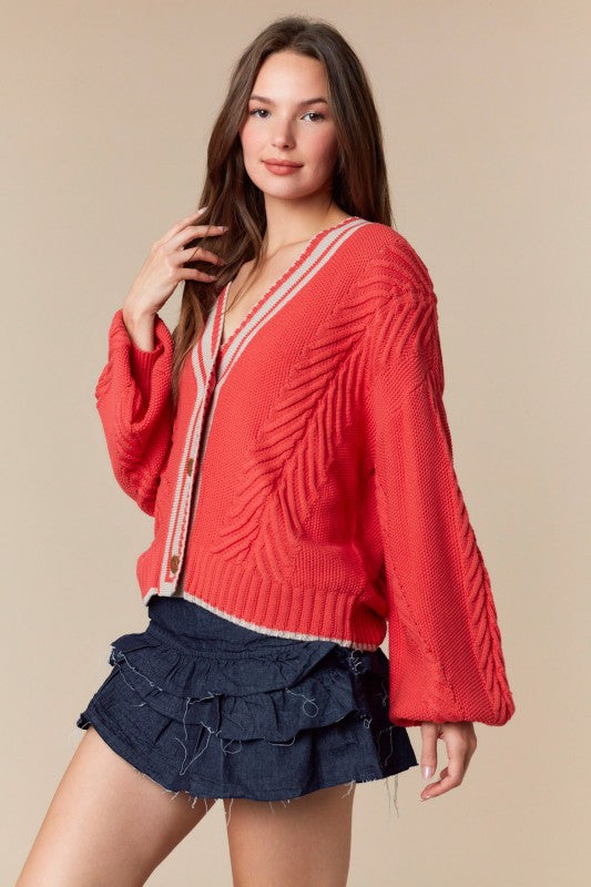 V-Neck Striped Sweater Cardigan Coral Red