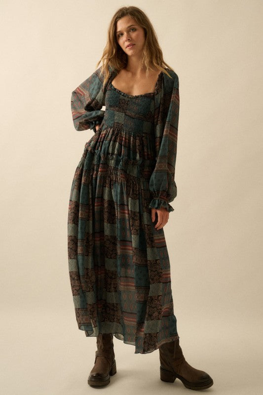 Patchwork Smocked Bubble Sleeve Dress Pine