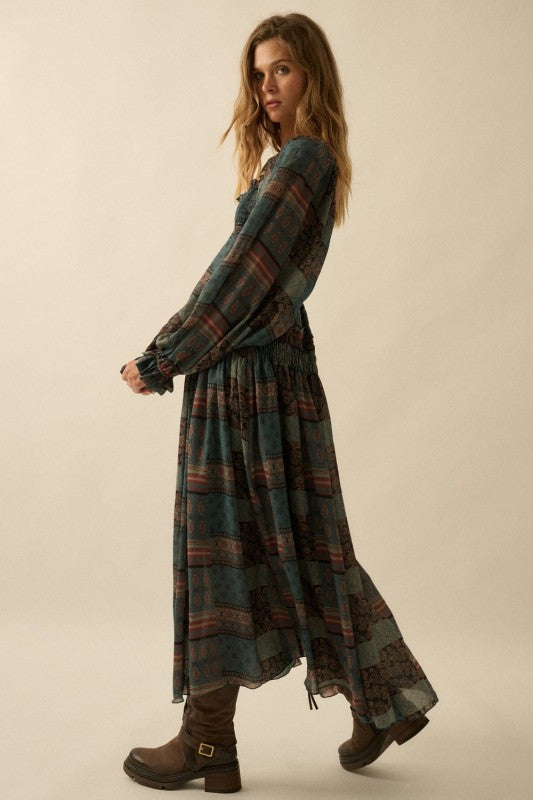 Patchwork Smocked Bubble Sleeve Dress Pine