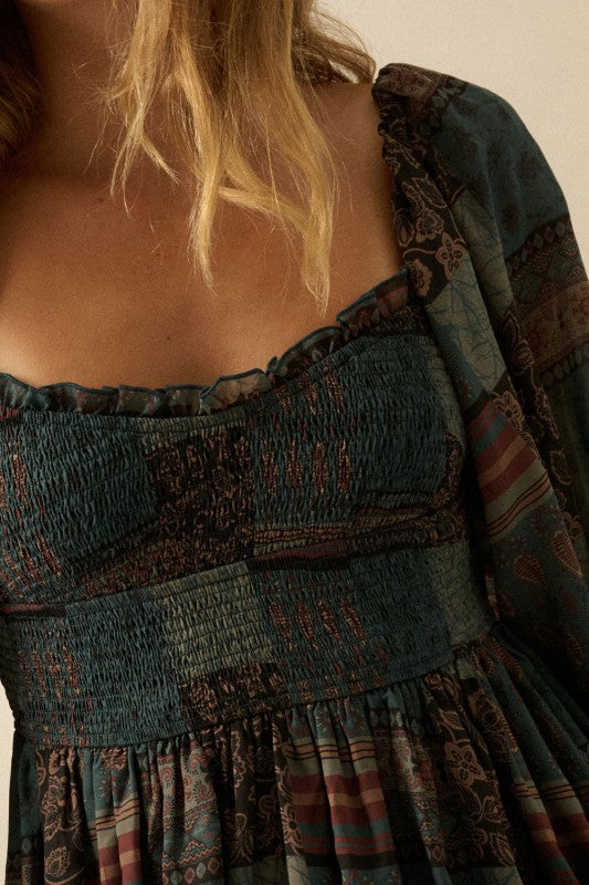 Patchwork Smocked Bubble Sleeve Dress Pine